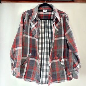 Cabi Plaid Flannel Shacket Jacket Gray Red Distressed Ruffle Detail Size L